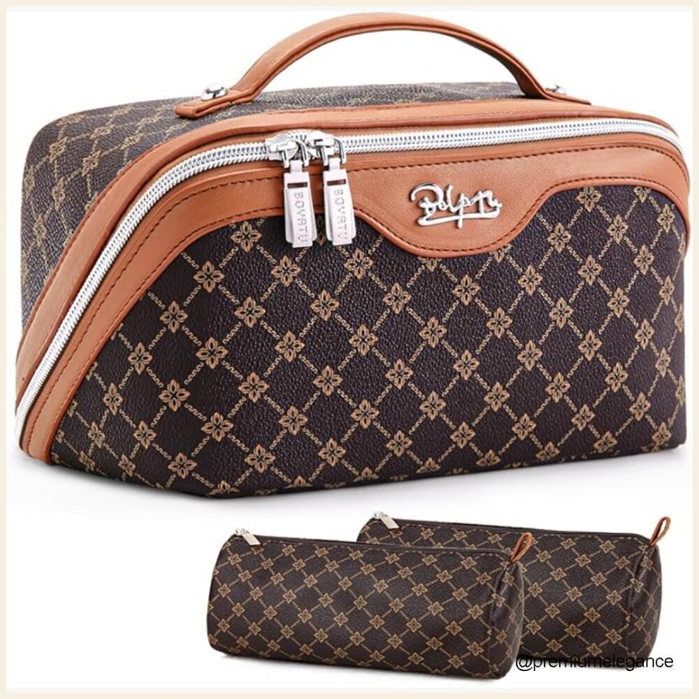 Large Travel Makeup Bag Set with Compartments - Vegan Leather Waterproof
